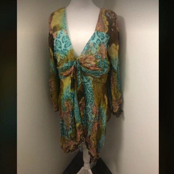 Vintage 2000s Womens V Neck Mixed Print Bias Cut Tunic Length Top - Picture 1 of 8